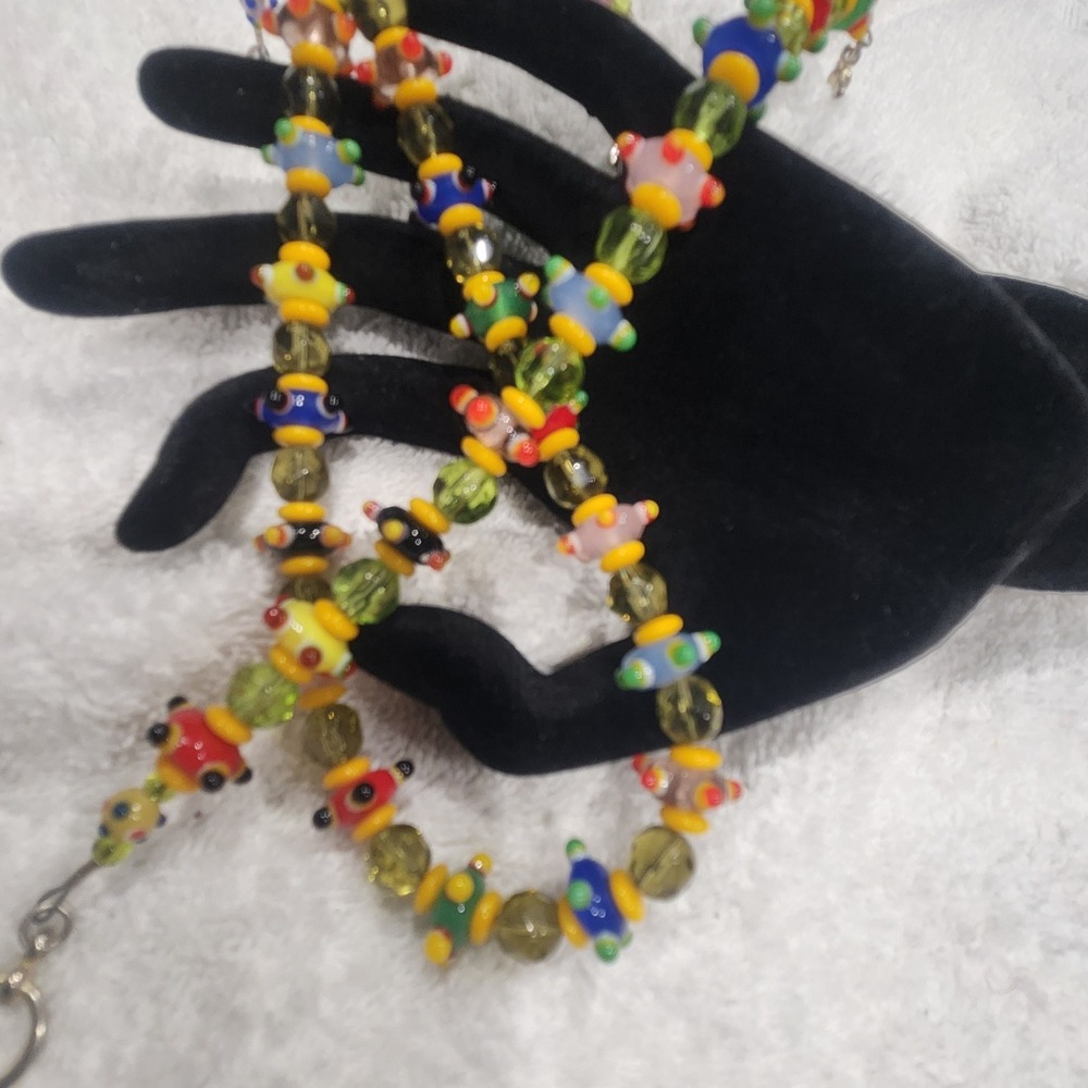 Lampwork Glass Bead Necklace Multi Color Raised Dot Toggle Clasp 16 Inch